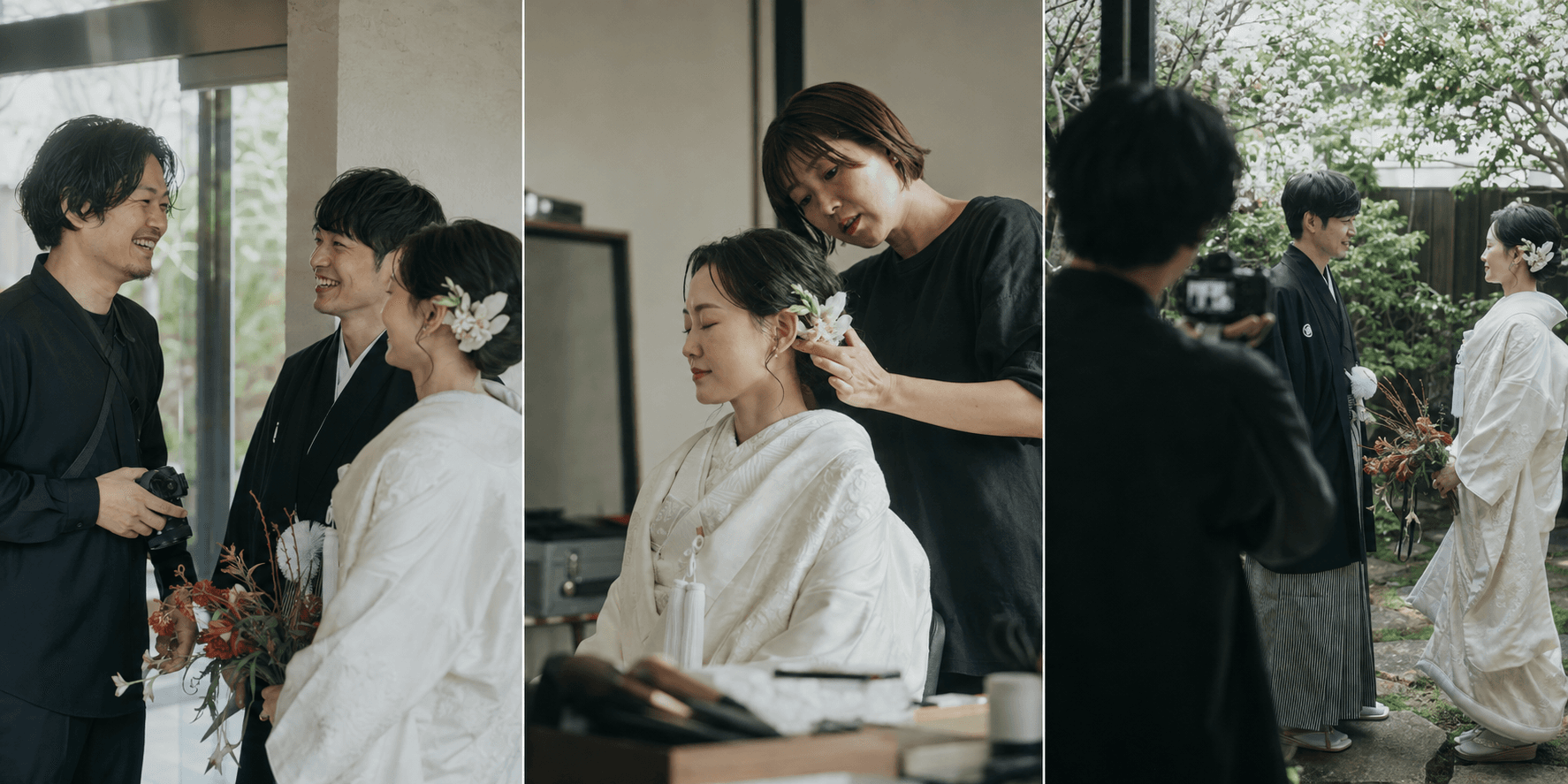 結婚するふたりと、撮影・ヘアメイクを担当するクリエイターが自然に関わる様子